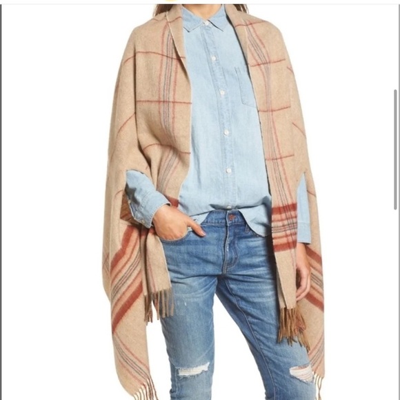 Tan Wool Madewell Tan and Red Plaid Scarf Shawl - Picture 1 of 12